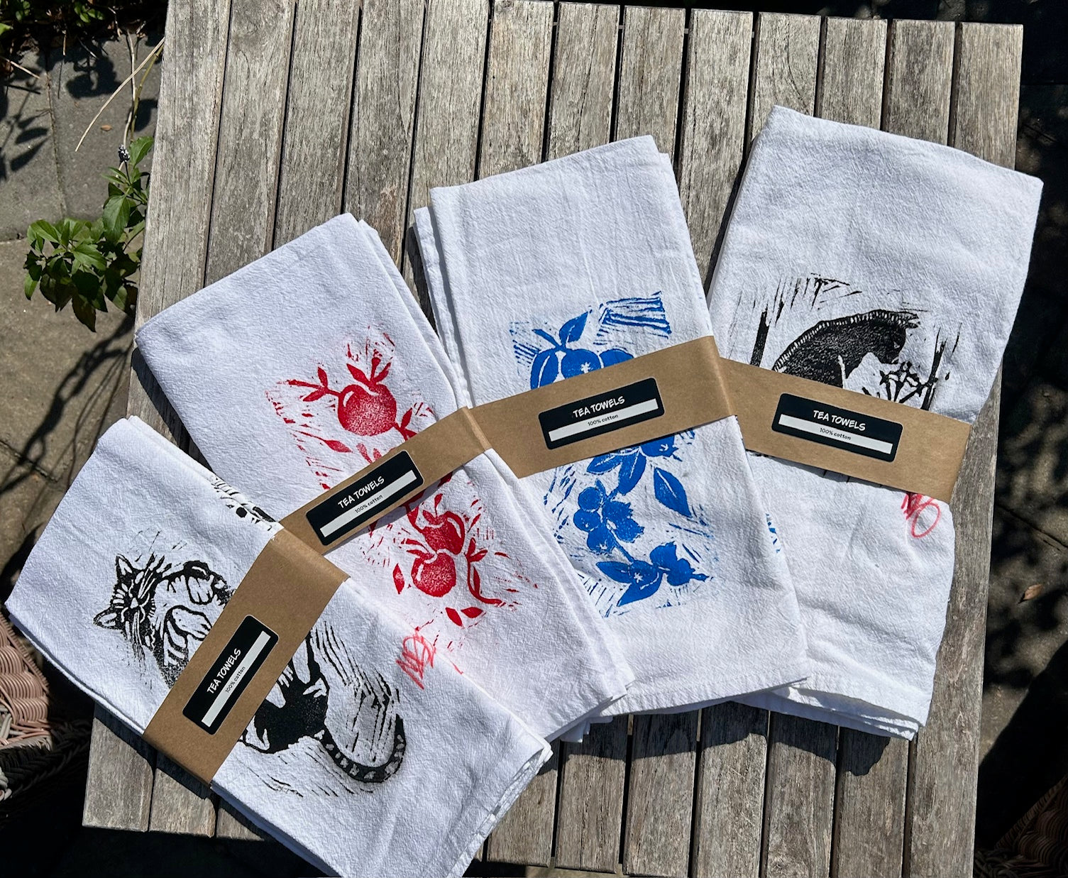 Hand cut block printed Tea Towels